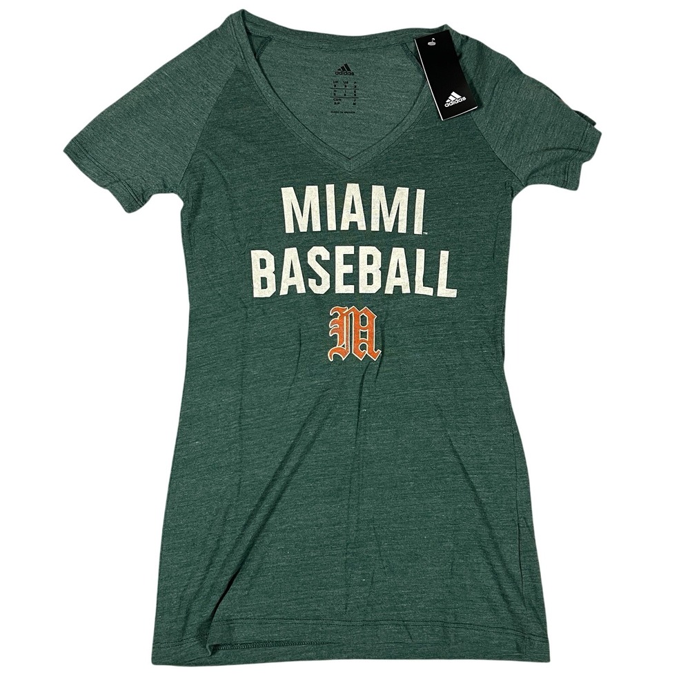 Adidas Miami Hurricanes Baseball Womens V-Neck T-Shirt Green Small NWT‎